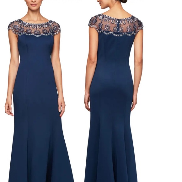 Like new Alex Evenings floral beaded dress navy blue
